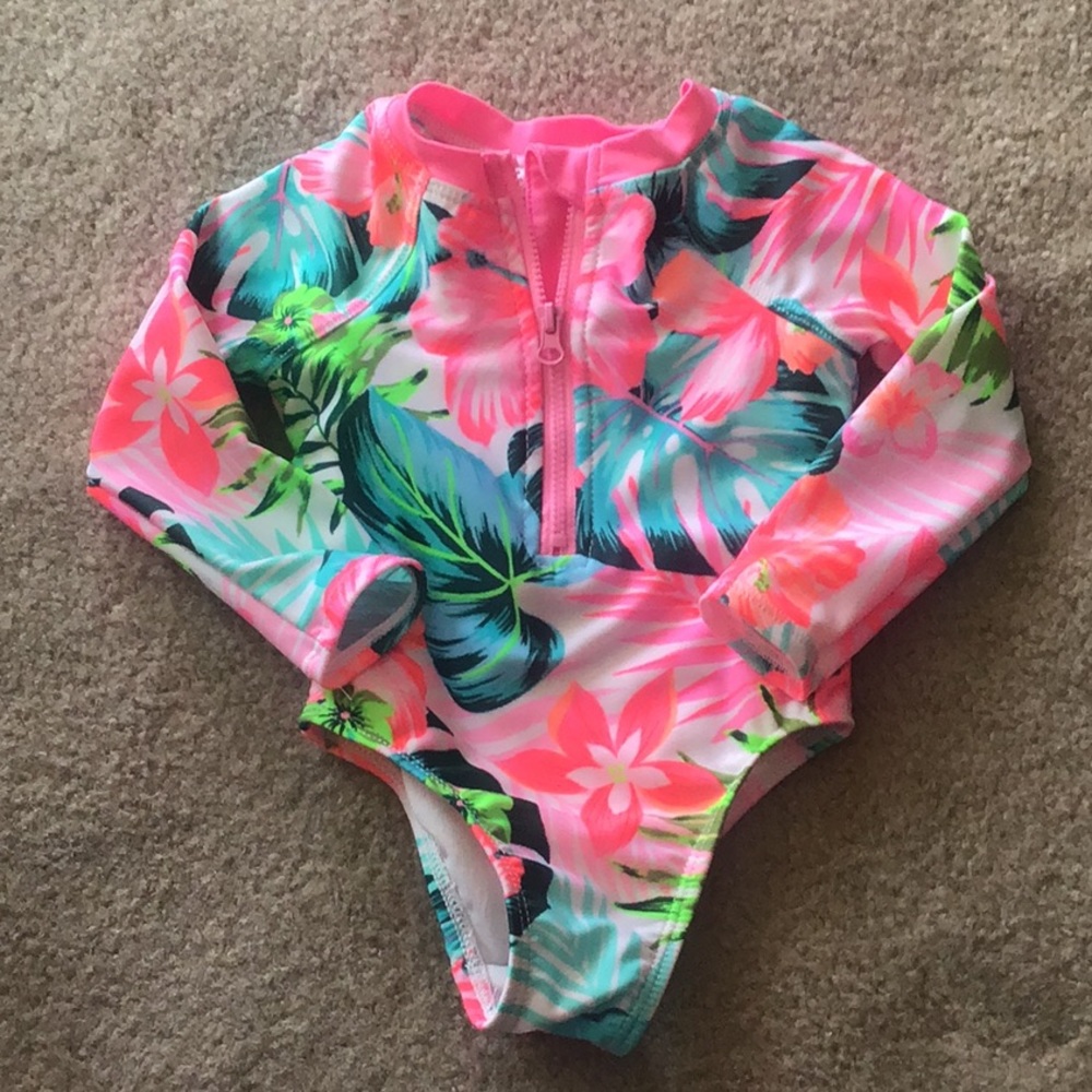 Wonder Nation  swim suit long sleeve 12mo floral zipper front like new c…